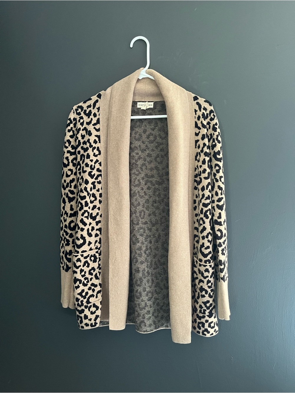 Leopard Print Open Front Cardigan Sweater - Beige/Black - 100% Cotton